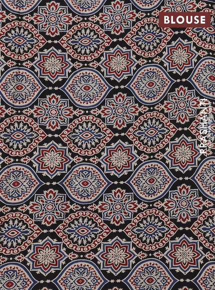 Modal silk saree dark blue and black with plain body and ajrakh printed pallu & blouse