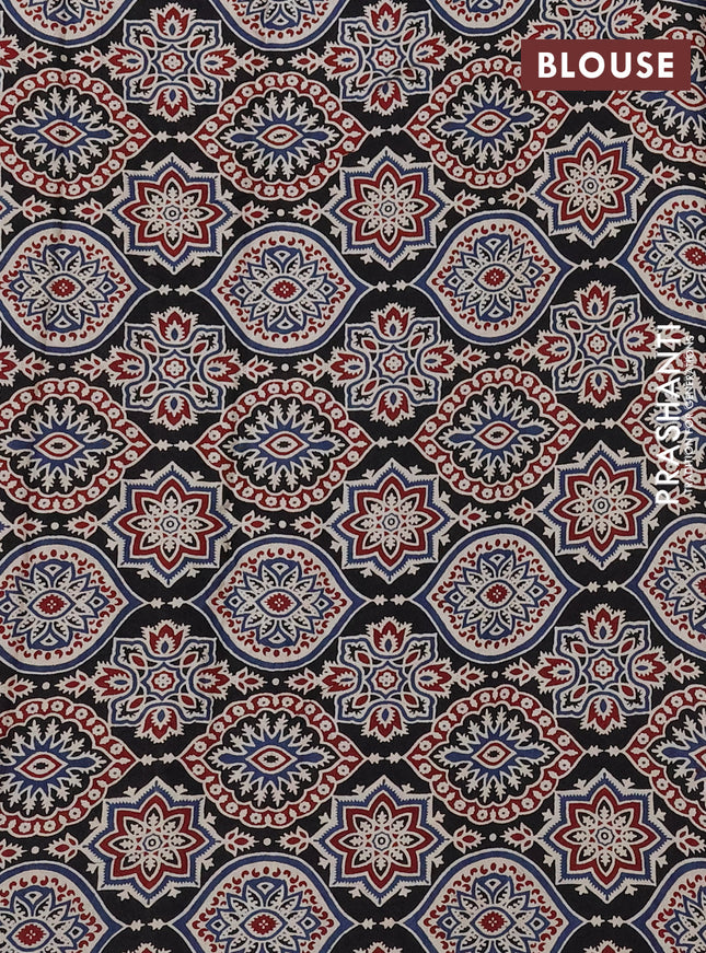 Modal silk saree dark blue and black with plain body and ajrakh printed pallu & blouse