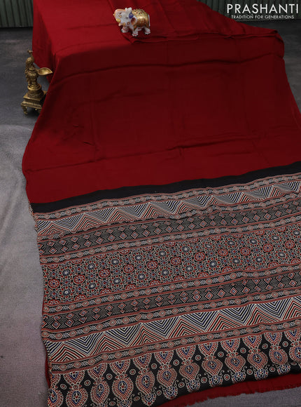 Modal silk saree maroon and black with plain body and ajrakh printed pallu & blouse