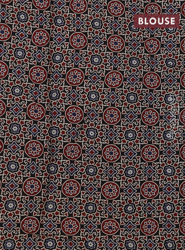 Modal silk saree maroon and black with plain body and ajrakh printed pallu & blouse