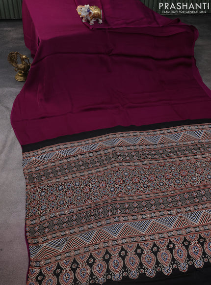 Modal silk saree purple and black with plain body and ajrakh printed pallu & blouse