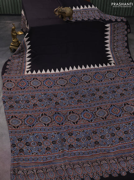 Modal silk saree black with plain body and ajrakh printed border & pallu