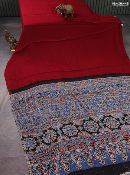 Modal silk saree maroon and peacock blue with plain body and ajrakh printed pallu & blouse