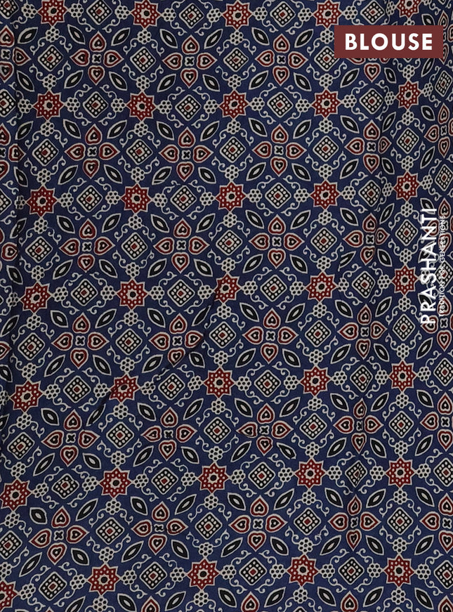 Modal silk saree maroon and peacock blue with plain body and ajrakh printed pallu & blouse