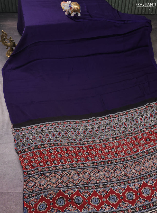 Modal silk saree dark blue and black with plain body and ajrakh printed pallu & blouse