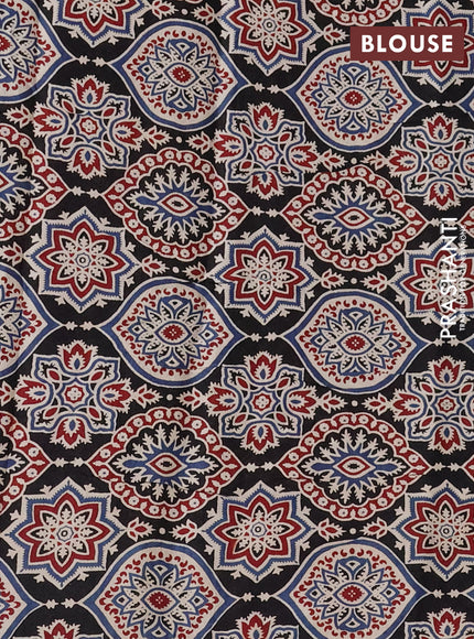 Modal silk saree dark blue and black with plain body and ajrakh printed pallu & blouse