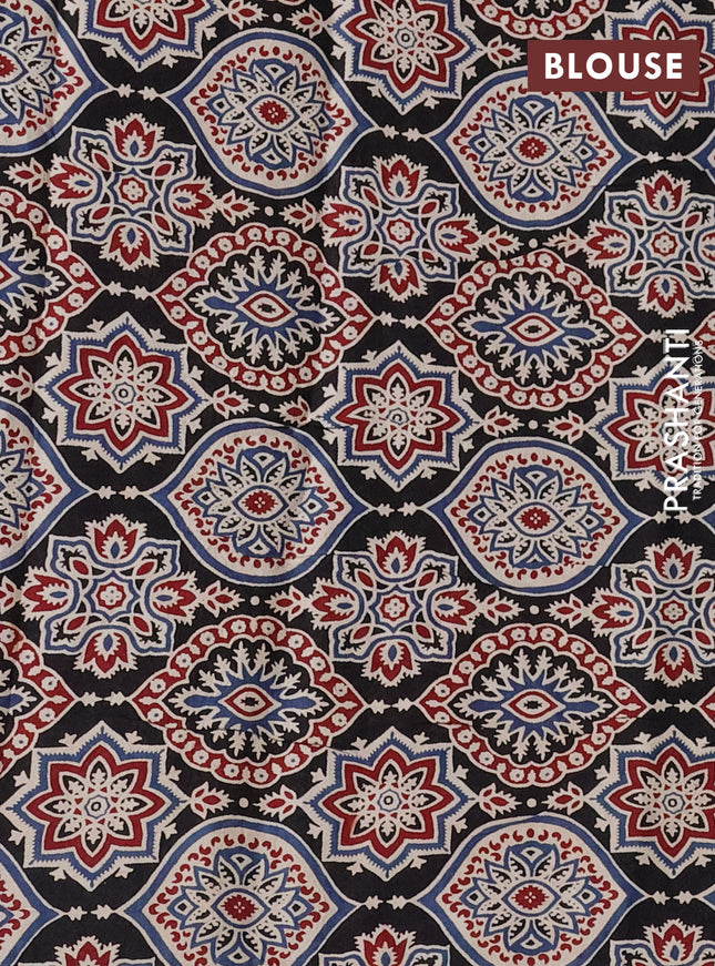 Modal silk saree dark blue and black with plain body and ajrakh printed pallu & blouse