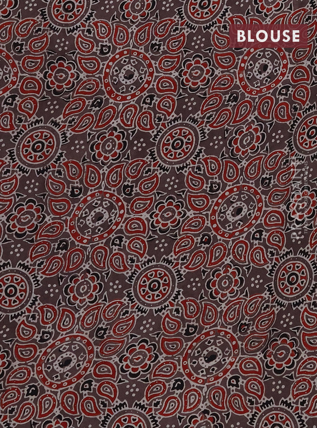 Modal silk saree black and pastel brown with plain body and ajrakh printed pallu & blouse