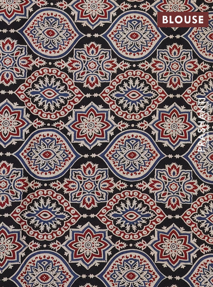 Modal silk saree blue and black with plain body and ajrakh printed pallu & blouse