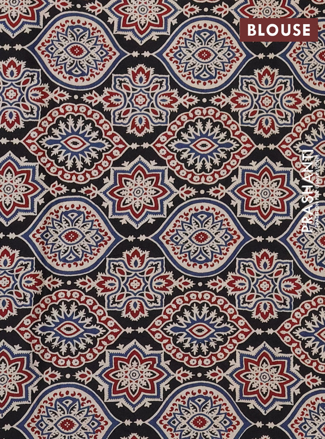 Modal silk saree blue and black with plain body and ajrakh printed pallu & blouse