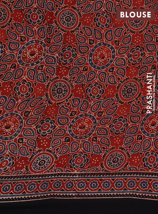 Modal silk saree black and maroon with plain body and ajrakh printed border & pallu