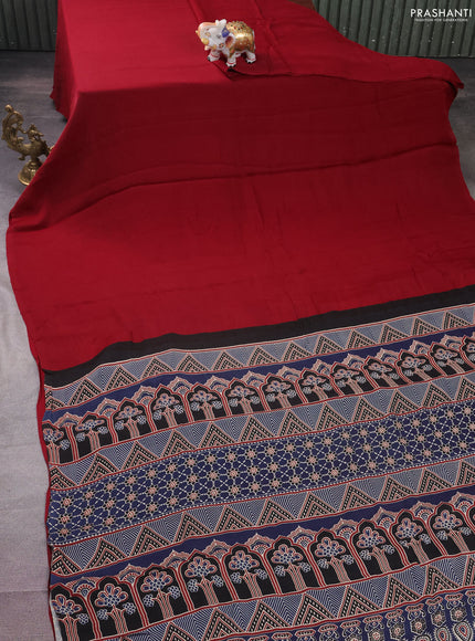Modal silk saree maroon and blue with plain body and ajrakh printed pallu & blouse