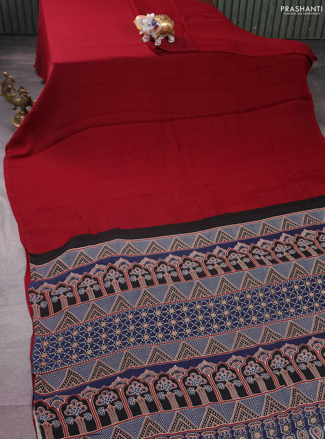 Modal silk saree maroon and blue with plain body and ajrakh printed pallu & blouse