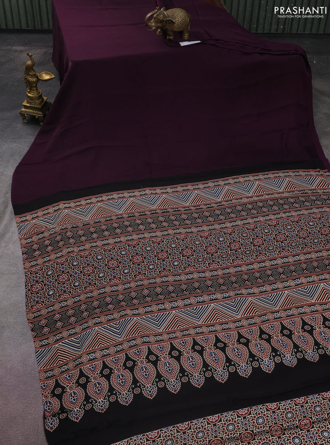 Modal silk saree deep purple and black with plain body and ajrakh printed pallu & blouse