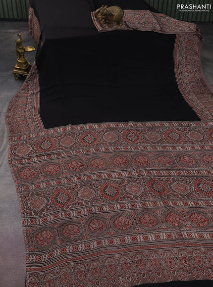 Modal silk saree black and brown with plain body and ajrakh printed border & pallu