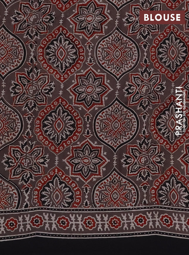 Modal silk saree black and brown with plain body and ajrakh printed border & pallu
