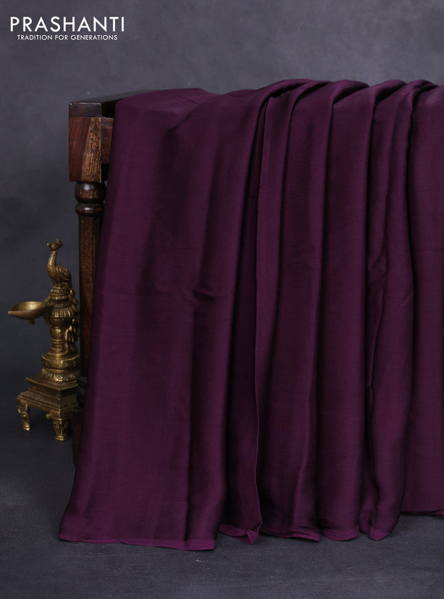 Modal silk saree deep purple and black with plain body and ajrakh printed pallu & blouse