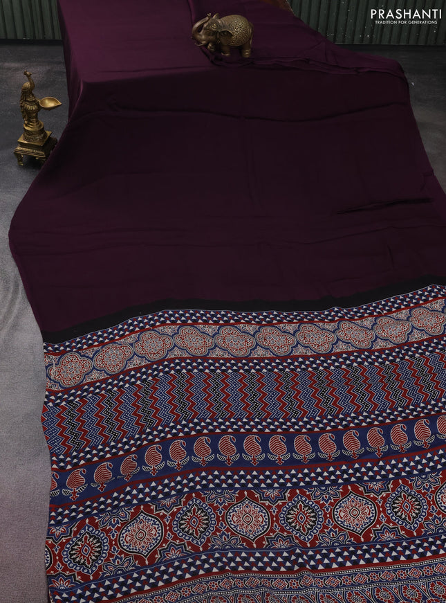 Modal silk saree deep purple and black with plain body and ajrakh printed pallu & blouse