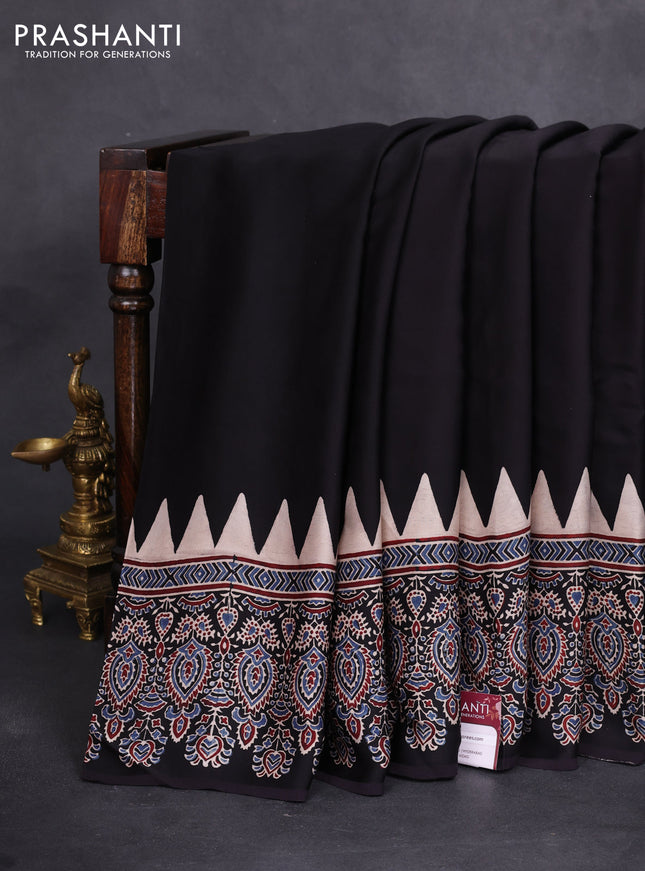 Modal silk saree black with plain body and ajrakh printed pallu & blouse