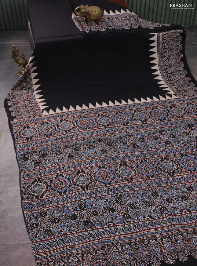 Modal silk saree black with plain body and ajrakh printed pallu & blouse