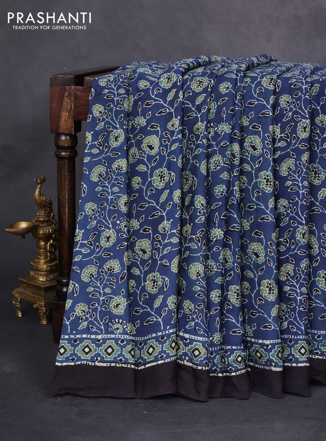 Modal silk saree indigo blue and black with allover ajrakh prints and printed border