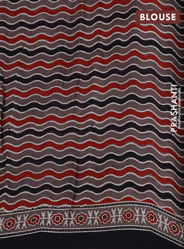 Modal silk saree black and grey with plain body and ajrakh printed border & pallu