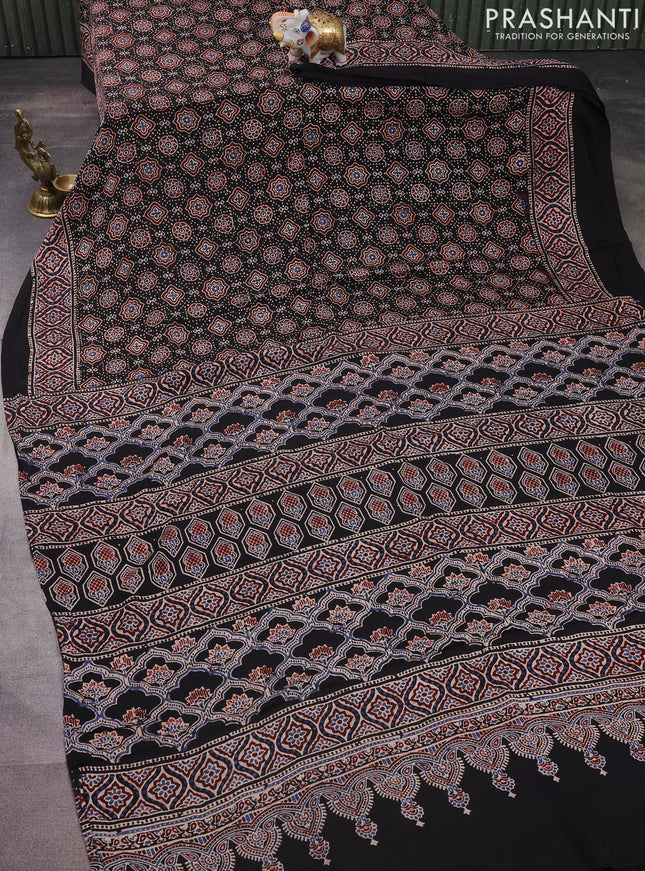 Modal silk saree black with allover ajrakh prints and printed border