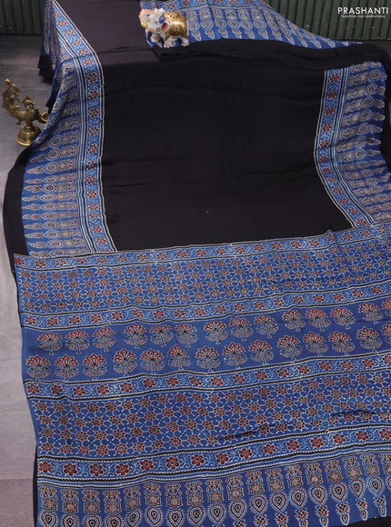 Modal silk saree black and blue with plain body and ajrakh printed border & pallu