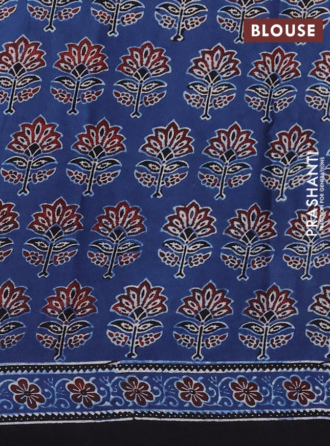 Modal silk saree black and blue with plain body and ajrakh printed border & pallu