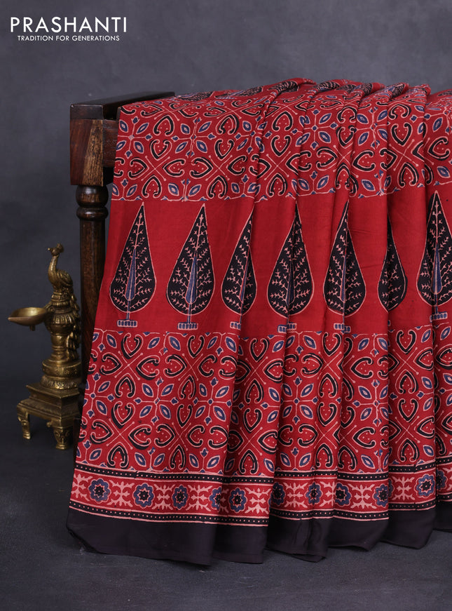 Modal silk saree maroon and black with allover ajrakh prints and printed border