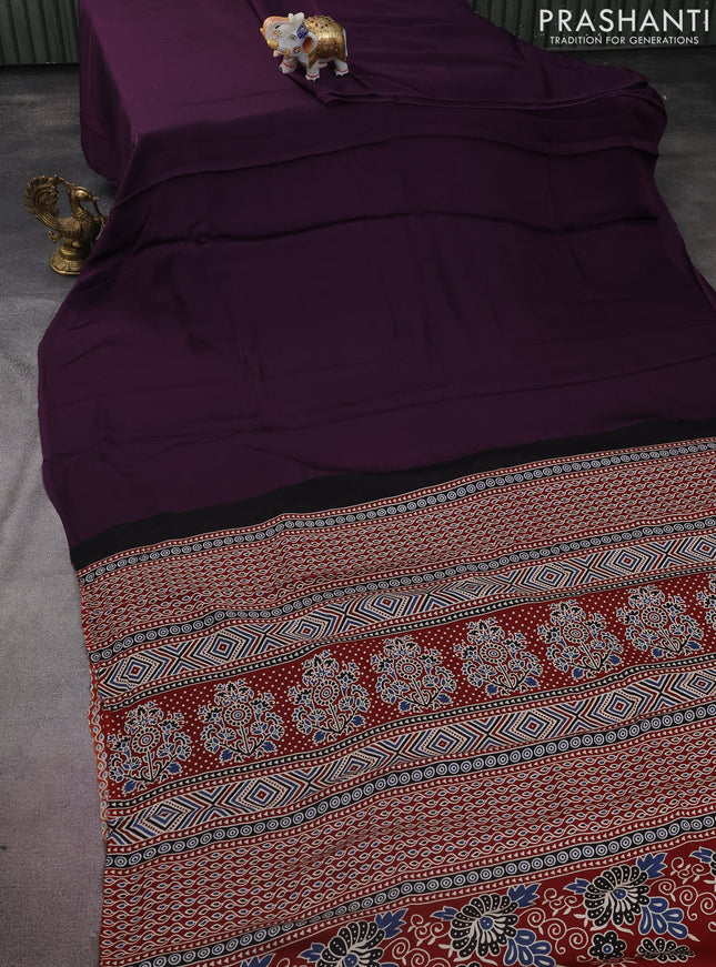 Modal silk saree deep jamun and maroon with plain body and ajrakh printed pallu & blouse