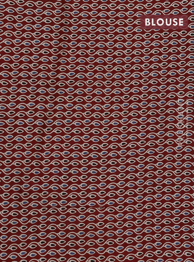 Modal silk saree deep jamun and maroon with plain body and ajrakh printed pallu & blouse