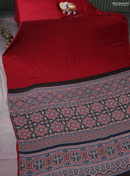 Modal silk saree maroon and peacock blue with plain body and ajrakh printed pallu & blouse