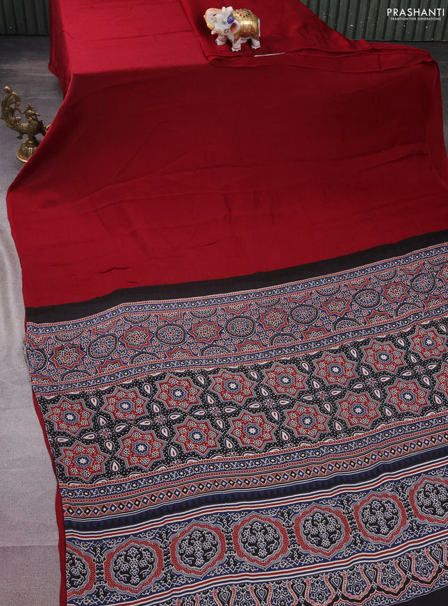 Modal silk saree maroon and peacock blue with plain body and ajrakh printed pallu & blouse
