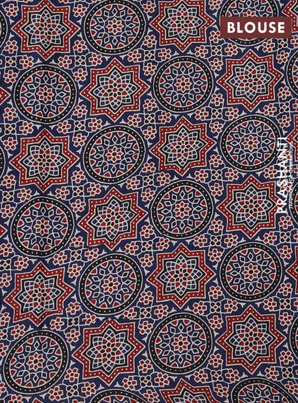 Modal silk saree maroon and peacock blue with plain body and ajrakh printed pallu & blouse