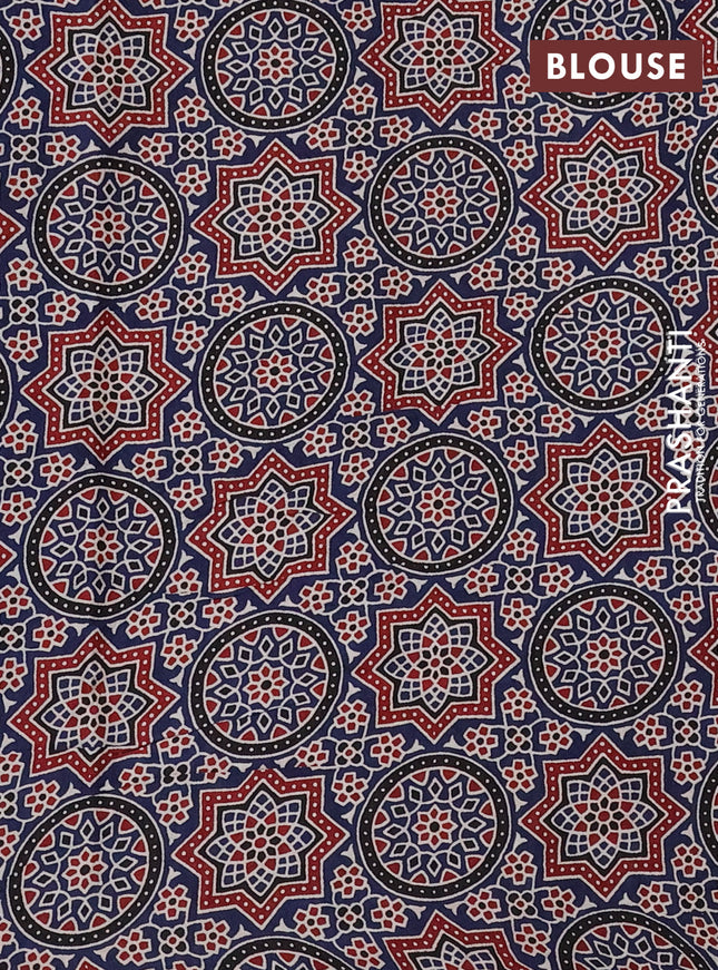 Modal silk saree maroon and peacock blue with plain body and ajrakh printed pallu & blouse