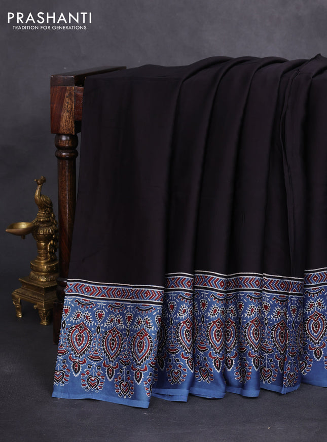Modal silk saree black and blue with plain body and ajrakh printed pallu & blouse