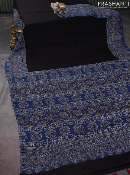 Modal silk saree black and blue with plain body and ajrakh printed pallu & blouse