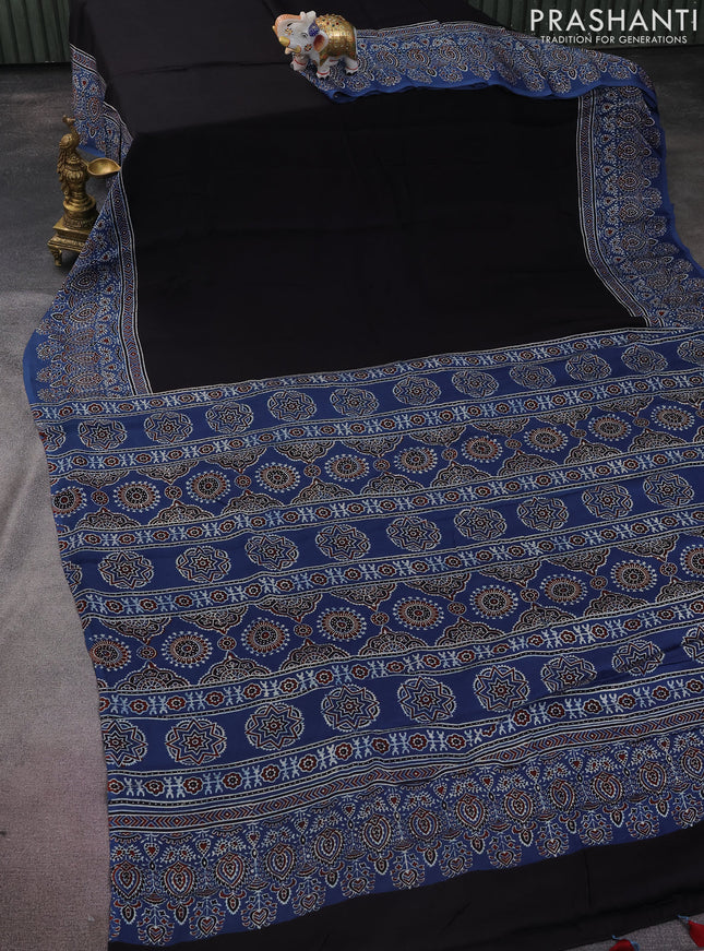 Modal silk saree black and blue with plain body and ajrakh printed pallu & blouse