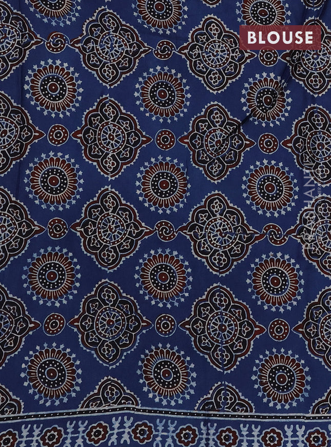 Modal silk saree black and blue with plain body and ajrakh printed pallu & blouse