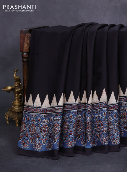 Modal silk saree black and blue with plain body and ajrakh printed border & pallu