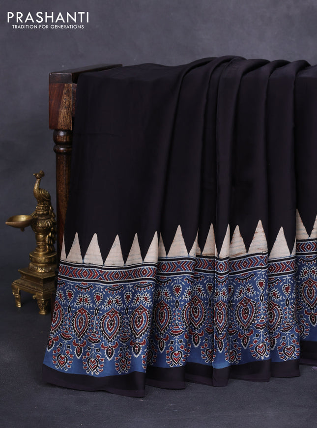 Modal silk saree black and blue with plain body and ajrakh printed border & pallu