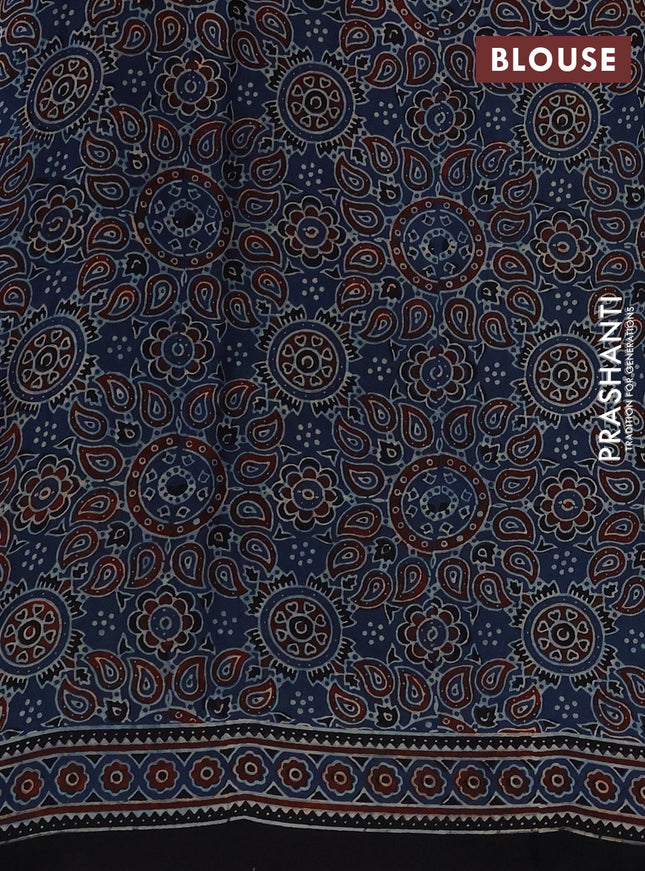Modal silk saree black and blue with plain body and ajrakh printed border & pallu