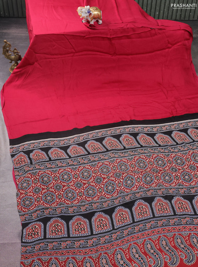 Modal silk saree maroon and black with plain body and ajrakh printed pallu & blouse