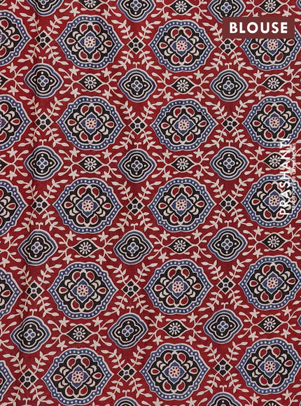 Modal silk saree maroon and black with plain body and ajrakh printed pallu & blouse