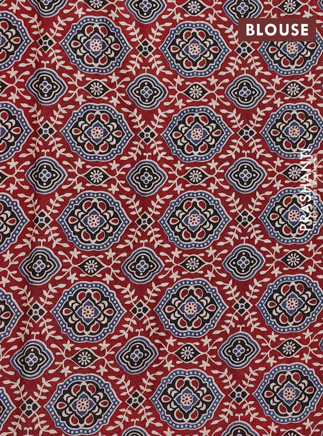 Modal silk saree maroon and black with plain body and ajrakh printed pallu & blouse