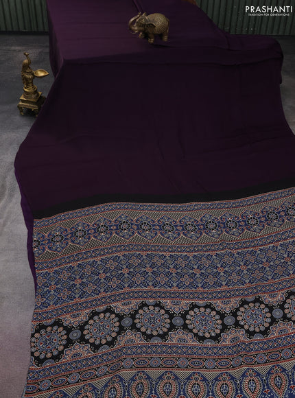 Modal silk saree deep violet and blue with plain body and ajrakh printed pallu & blouse