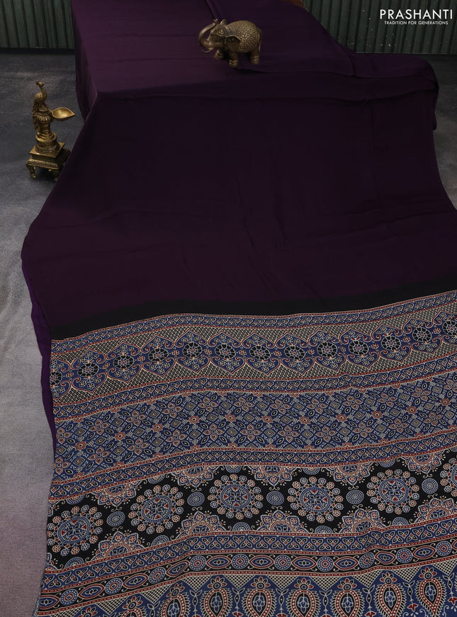 Modal silk saree deep violet and blue with plain body and ajrakh printed pallu & blouse