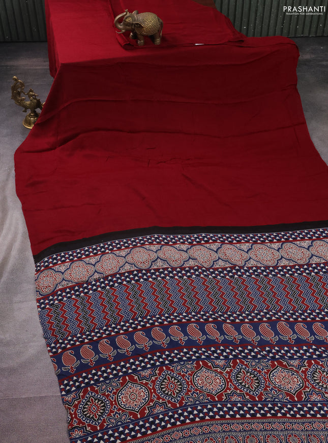 Modal silk saree maroon and blue with plain body and ajrakh printed pallu & blouse