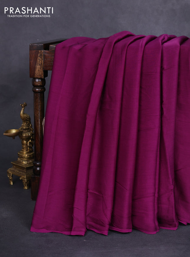 Modal silk saree purple and maroon with plain body and ajrakh printed pallu & blouse